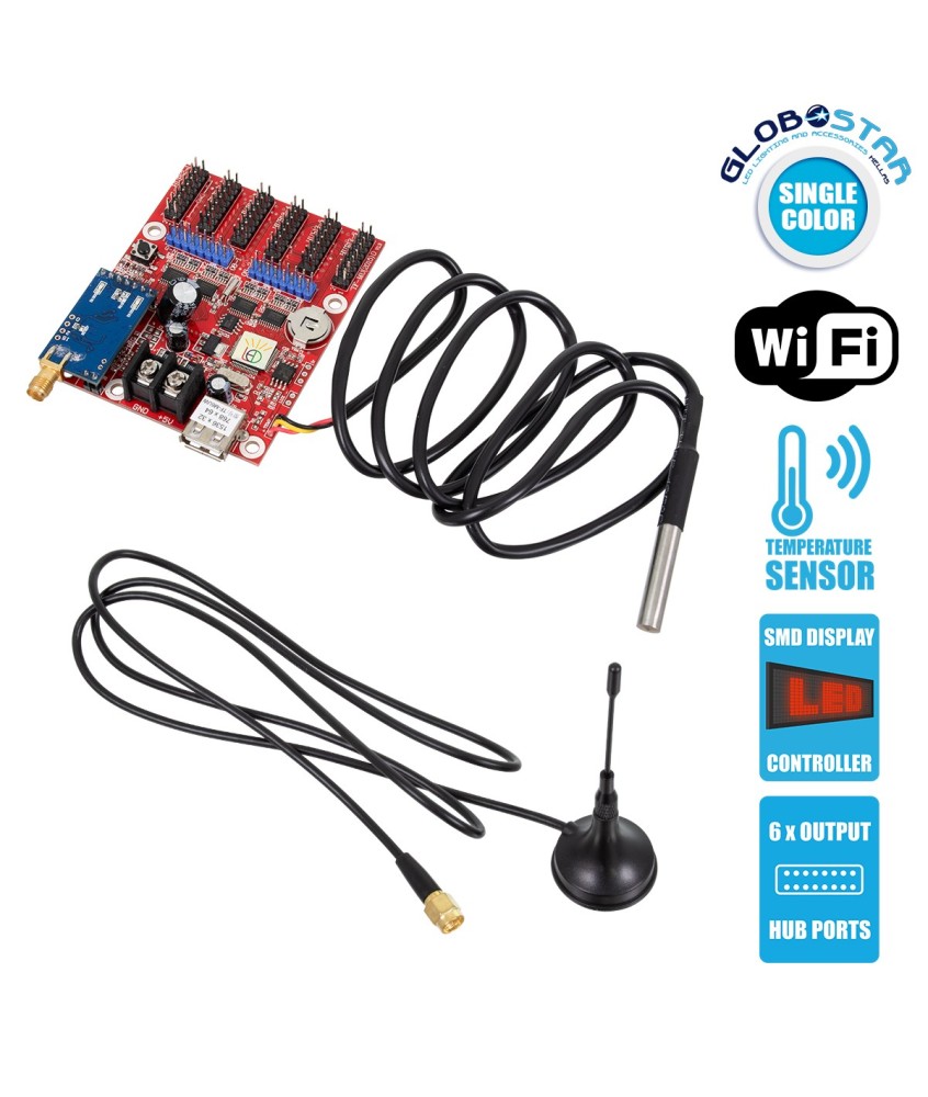 GloboStar® 90389 Ασύρματος Controller WiFi TF-M6UW-6 με Είσοδο USB και Αισθητήρα Θερμοκρασίας με 6 Εξόδους HUB για Μονόχρωμη Κυλιόμενη Πινακίδα LED